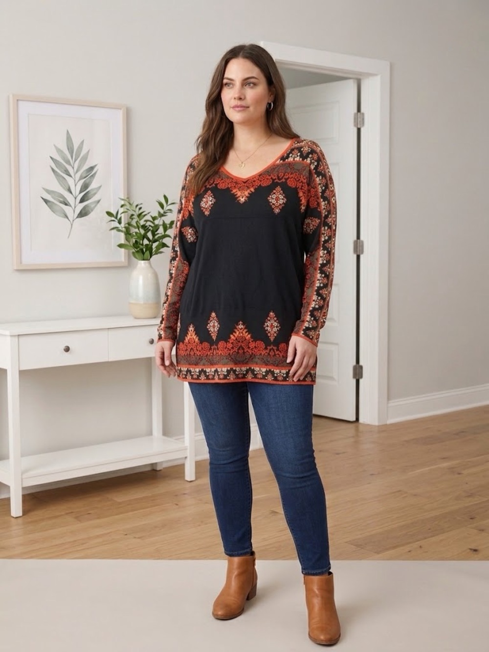 Black and Orange Printed Women's Sweater